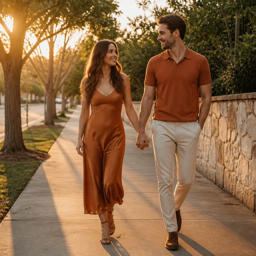 A couple walking hand-in-hand on a sidewalk at sunset, both wearing coordinated warm-toned outfits, with long soft shadows behind them.