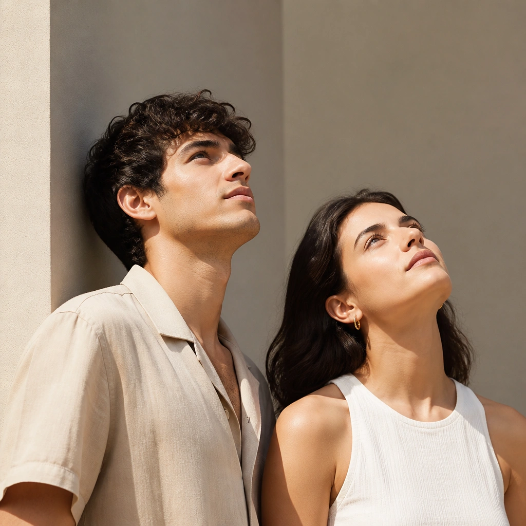 Two people standing close together in the shade of a building, faces turned toward open sky, with clean background walls and soft, even lighting.