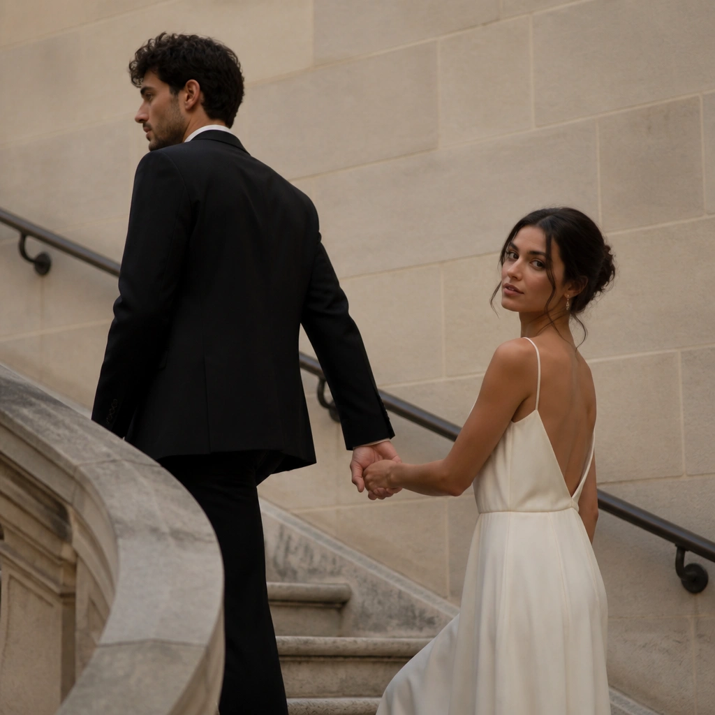 A couple positioned on a staircase, one person turned slightly away while the other holds their hands, creating a diagonal composition.