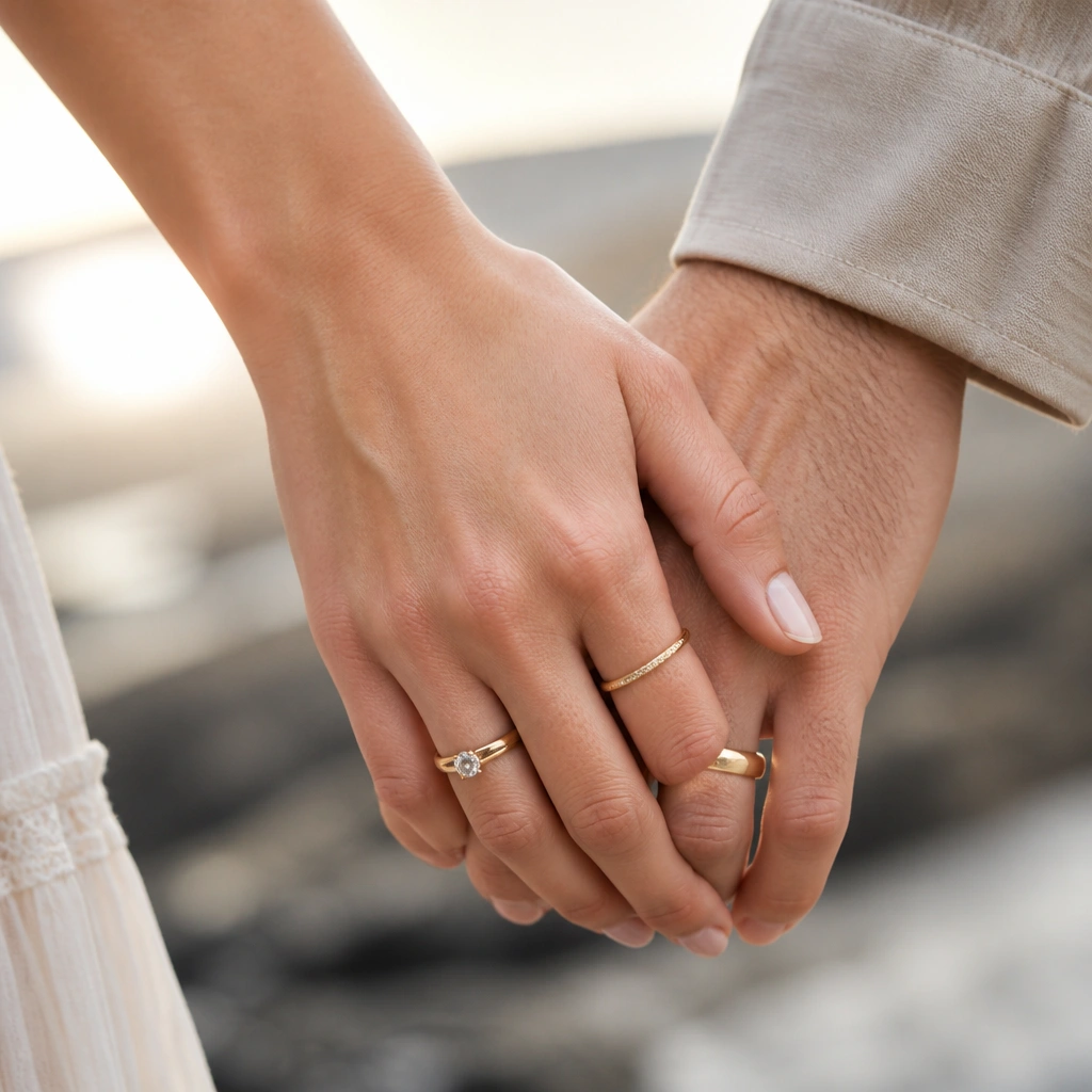 A tight crop of hands holding with visible rings, soft sunlight reflecting on metal, with blurred background bokeh.