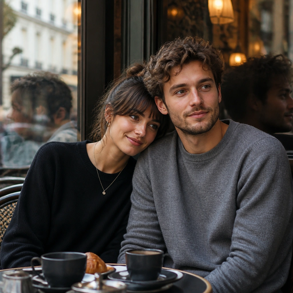 A couple seated near a café window, with their reflection visible in the glass behind them, warm interior lights and soft street blur outside.