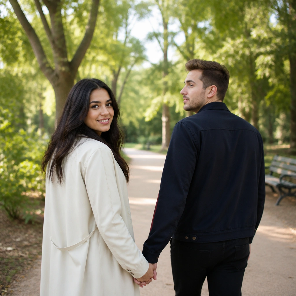 A couple walking slowly down a park path, one person looking back over their shoulder while the other smiles toward camera.