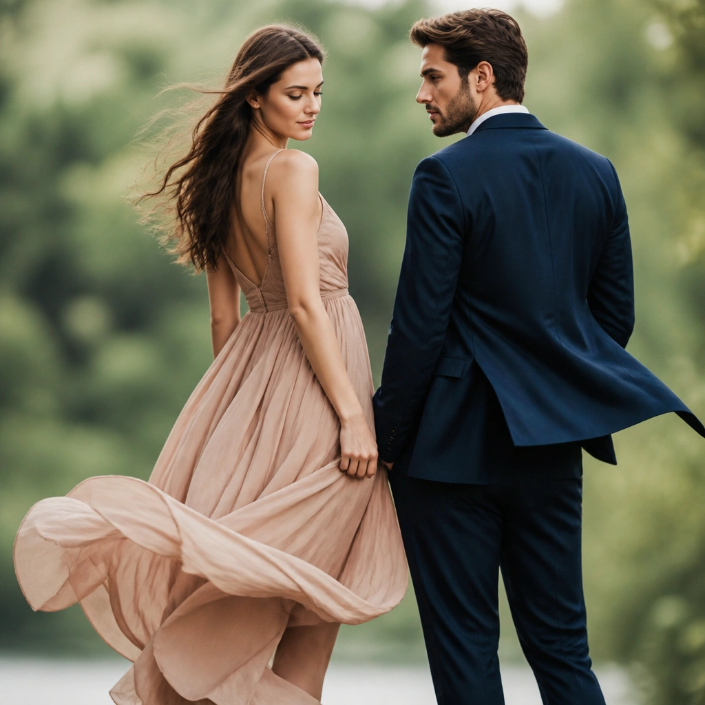 A woman’s dress hem and a man’s jacket slightly lifted by wind, captured mid-motion with a clean background of greenery blur.