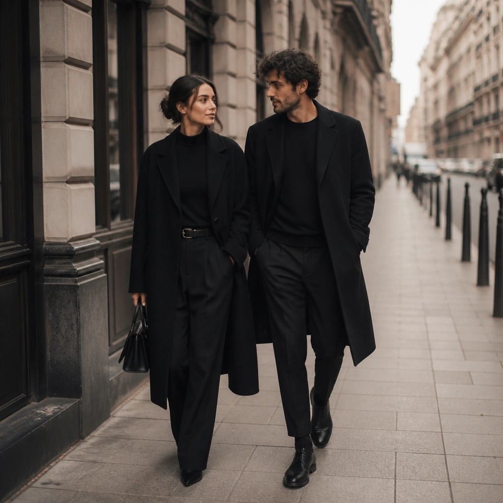 A couple walking in a city street wearing monochrome outfits, framed by storefront lines and a strong perspective background.