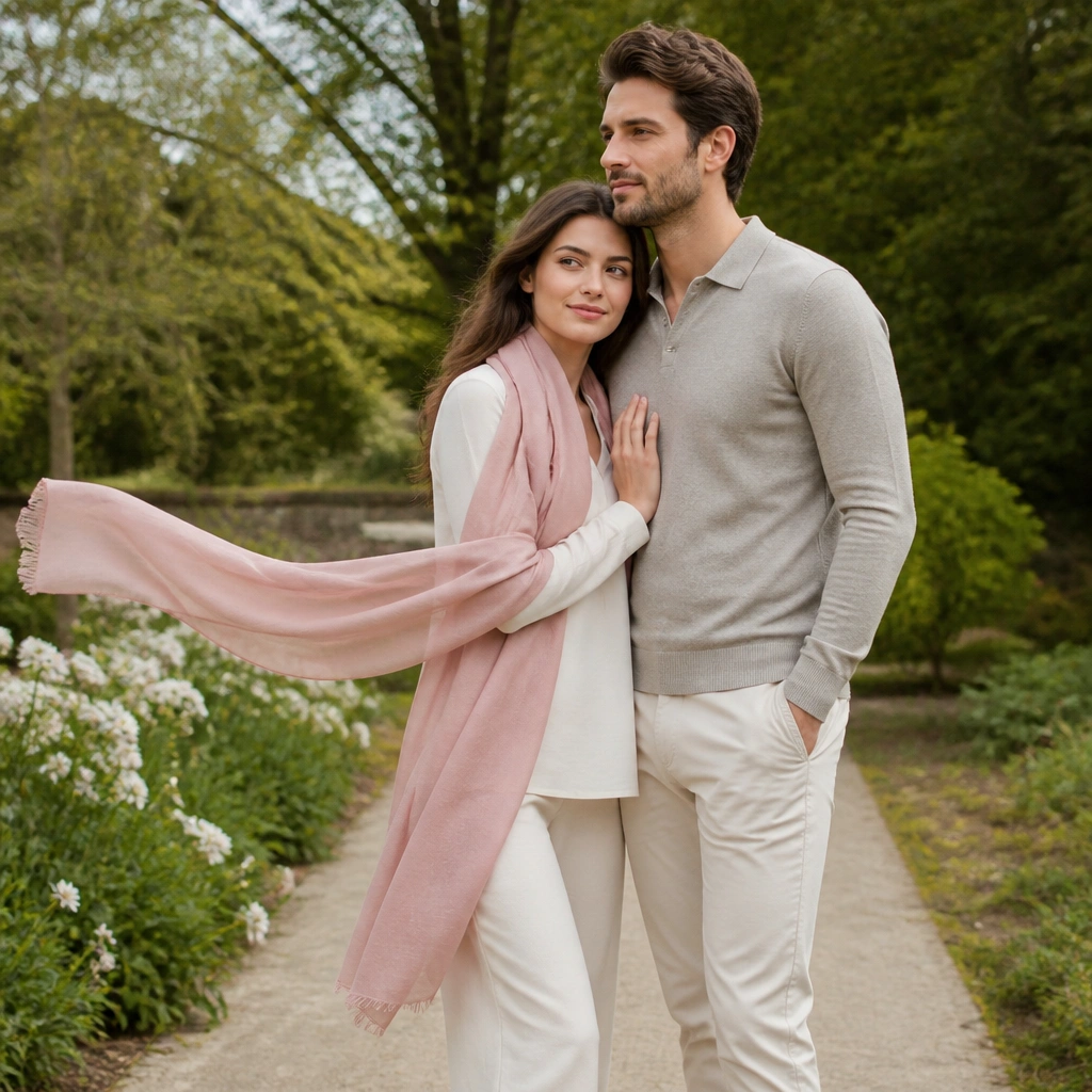 A couple standing on a garden path, her scarf draped and gently pulled by the wind, both looking relaxed and close.