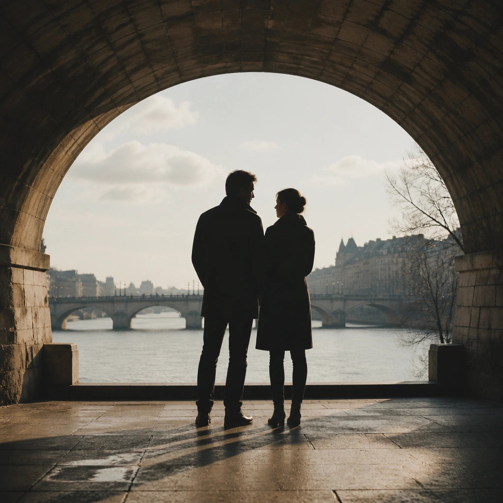 A couple standing side-by-side under a bridge, backlit by daylight, creating a clean silhouette against the bright opening.