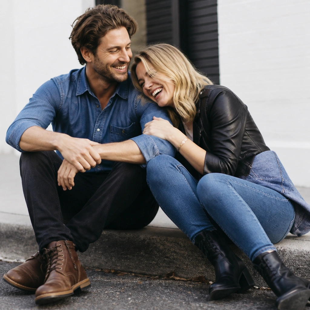 A couple sitting casually on a curb near a street, legs angled toward camera, laughing with one person leaning in.