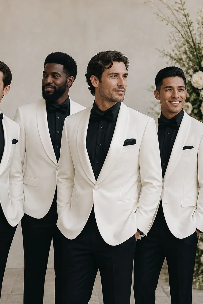 A group of groomsmen wearing ivory tuxedo jackets with satin lapels, paired with black tailored trousers; black dress shirts and bow ties, standing in front of a neutral wedding backdrop.