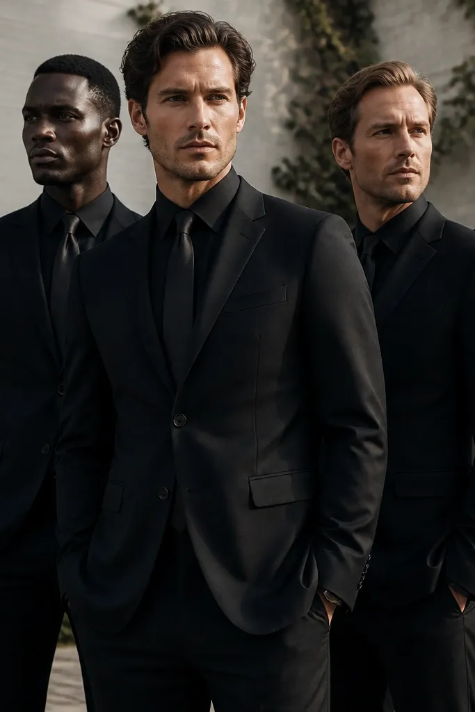 Men in matching black suits with matte black dress shirts and a tie in deep charcoal satin; lapels are subtle, and the group looks sleek and uniform.