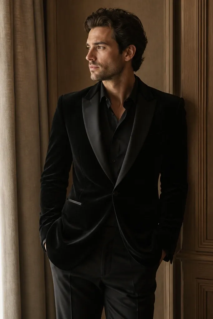 A groomsman wearing a black velvet blazer with a structured shoulder, paired with black trousers and a dark dress shirt; soft highlights show the velvet texture under warm lighting.