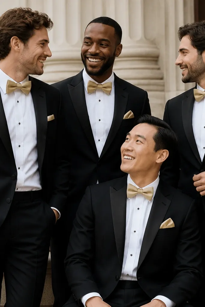 Black suits with crisp white shirts, each wearing a champagne-gold bow tie; some have a matching champagne pocket square in a folded silk style.