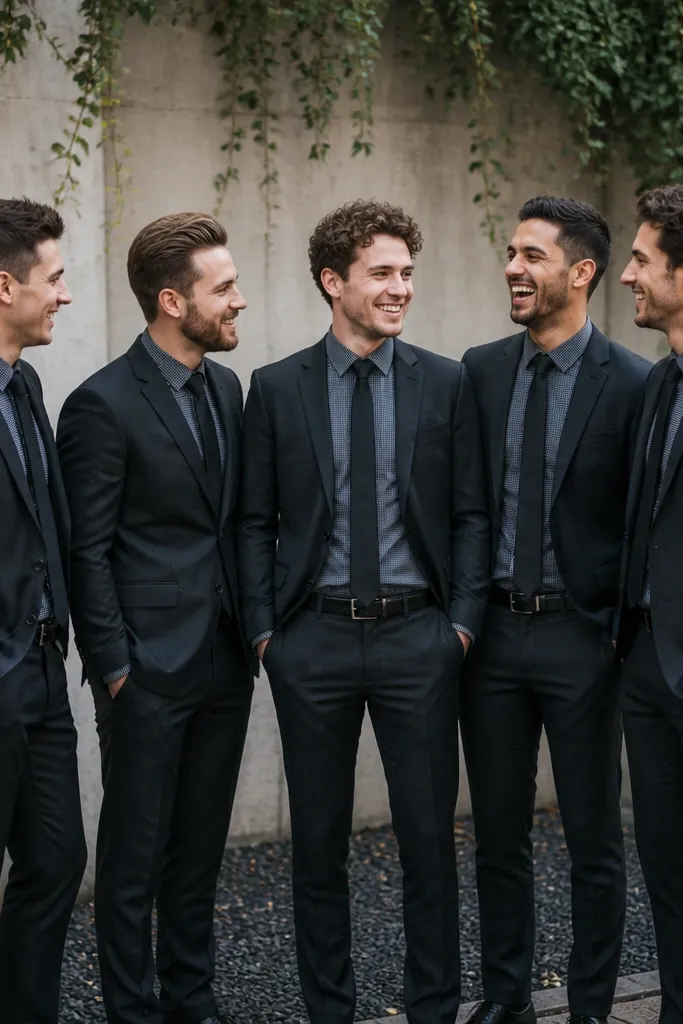Groomsmen in charcoal-black suits with subtle micro-pattern shirts (small dots or fine checks), all wearing black ties; the group looks sharp but not overly formal.