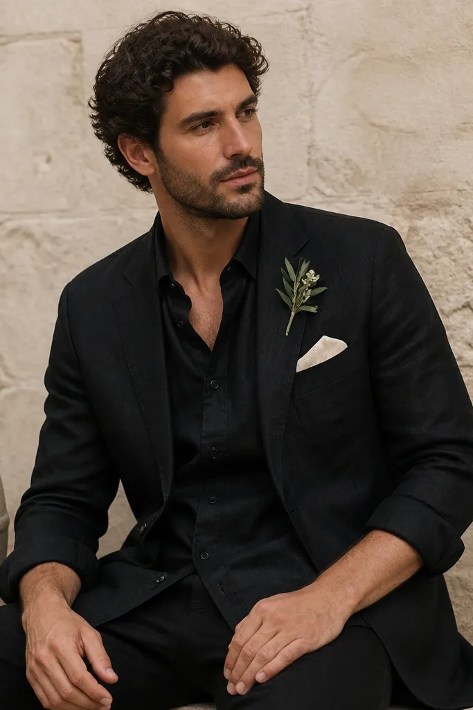A groomsman seated outdoors wearing a black linen suit with a slightly relaxed jacket, rolled sleeves, and a linen pocket square; beige stone background.