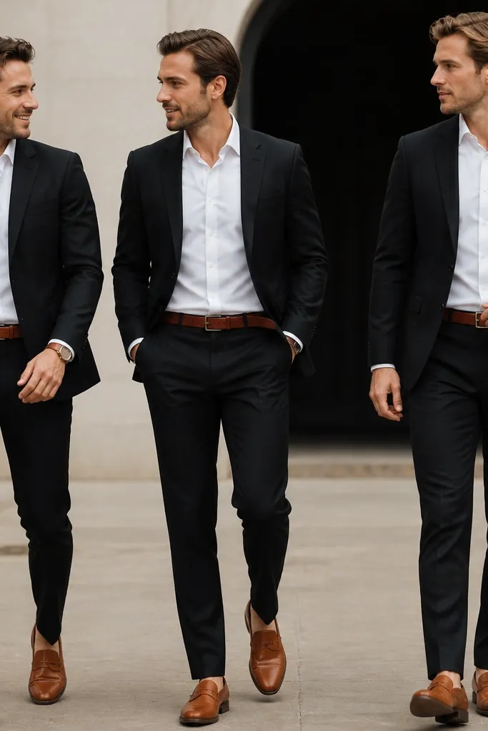 Men in black suits with white shirts, wearing cognac-brown leather belts and loafers; a few have cognac-brown watch straps visible.