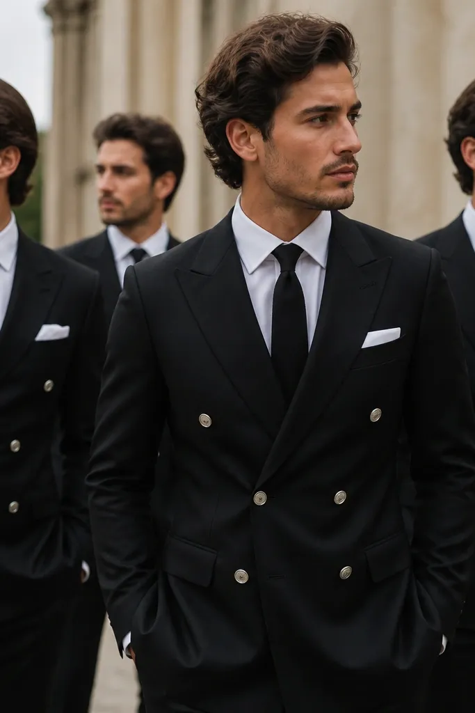 Groomsmen wearing black double-breasted jackets with shiny buttons, white pocket squares, and black ties; the jackets have structured lapels and a tailored waist.