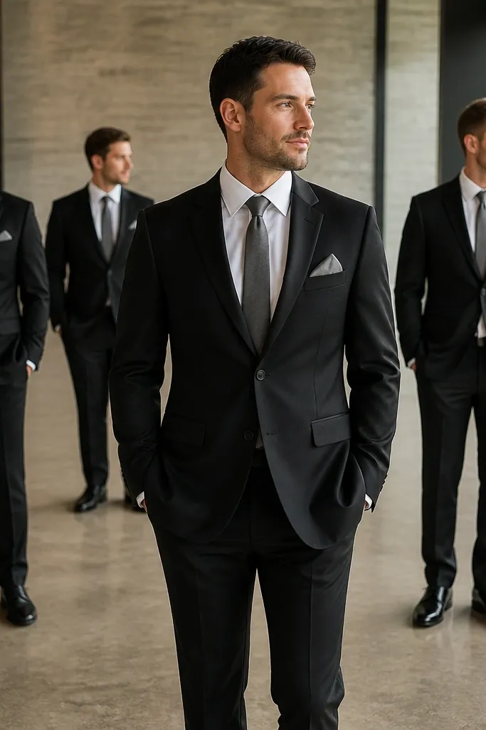 Black suits with steel gray satin ties and matching pocket squares; white shirts and polished black dress shoes in a modern venue.