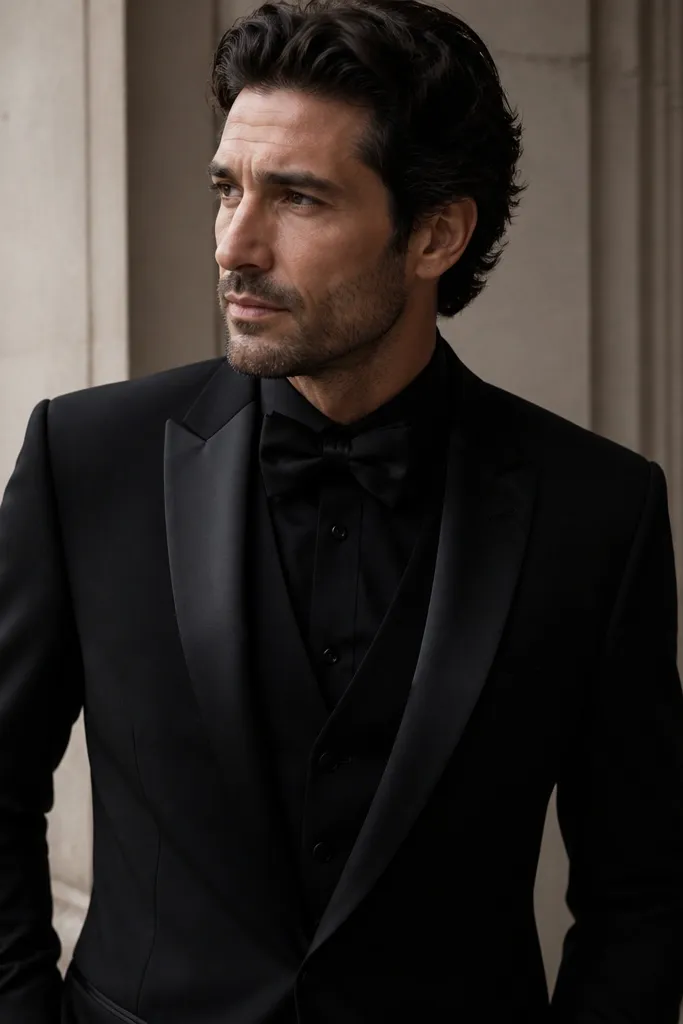 A black tuxedo ensemble featuring black satin lapels, a black bow tie, and a black vest; everything is tonal with subtle shine on the lapels.