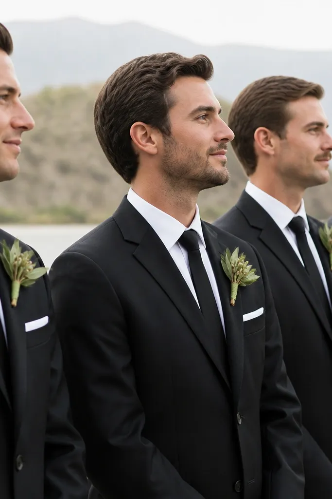 Groomsmen in black suits with white shirts, wearing olive green boutonnieres with small leaves; they have simple black ties and clean pocket squares.