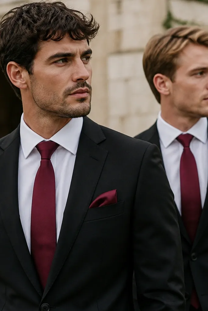 Men in black suits with white shirts, wearing deep burgundy ties and burgundy pocket squares; the lighting makes the tie look jewel-toned.