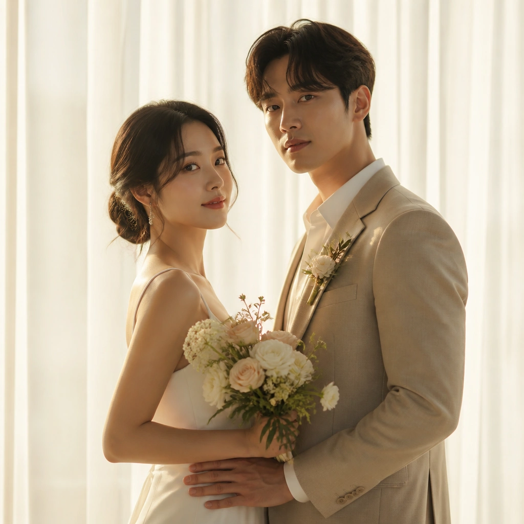 A couple stands side-by-side in front of a sheer white curtain, with soft golden window light outlining their shoulders; one person holds a bouquet near the chest while the other rests a hand gently at the waist.