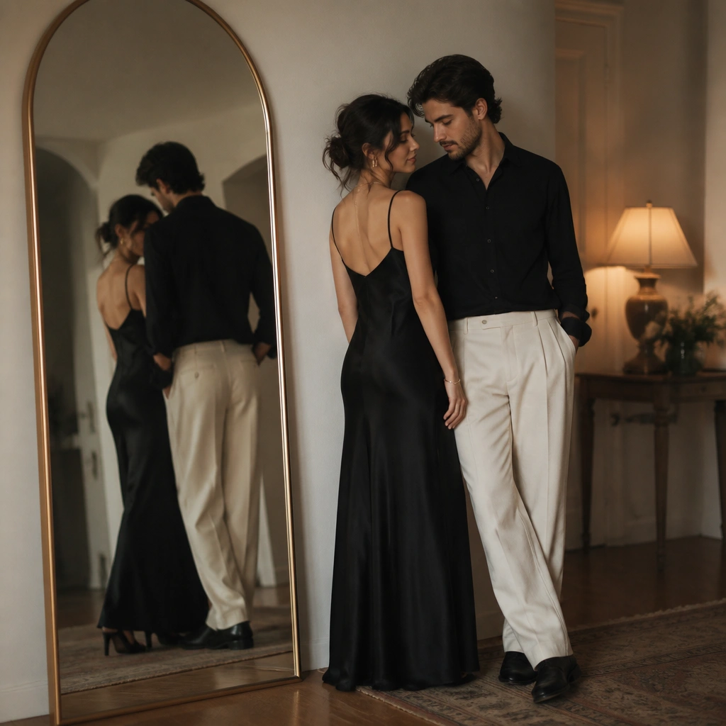 A full-length mirror reflects a couple standing near a wall; the camera view captures both the couple and their mirrored silhouettes, with warm lamp light in the background.