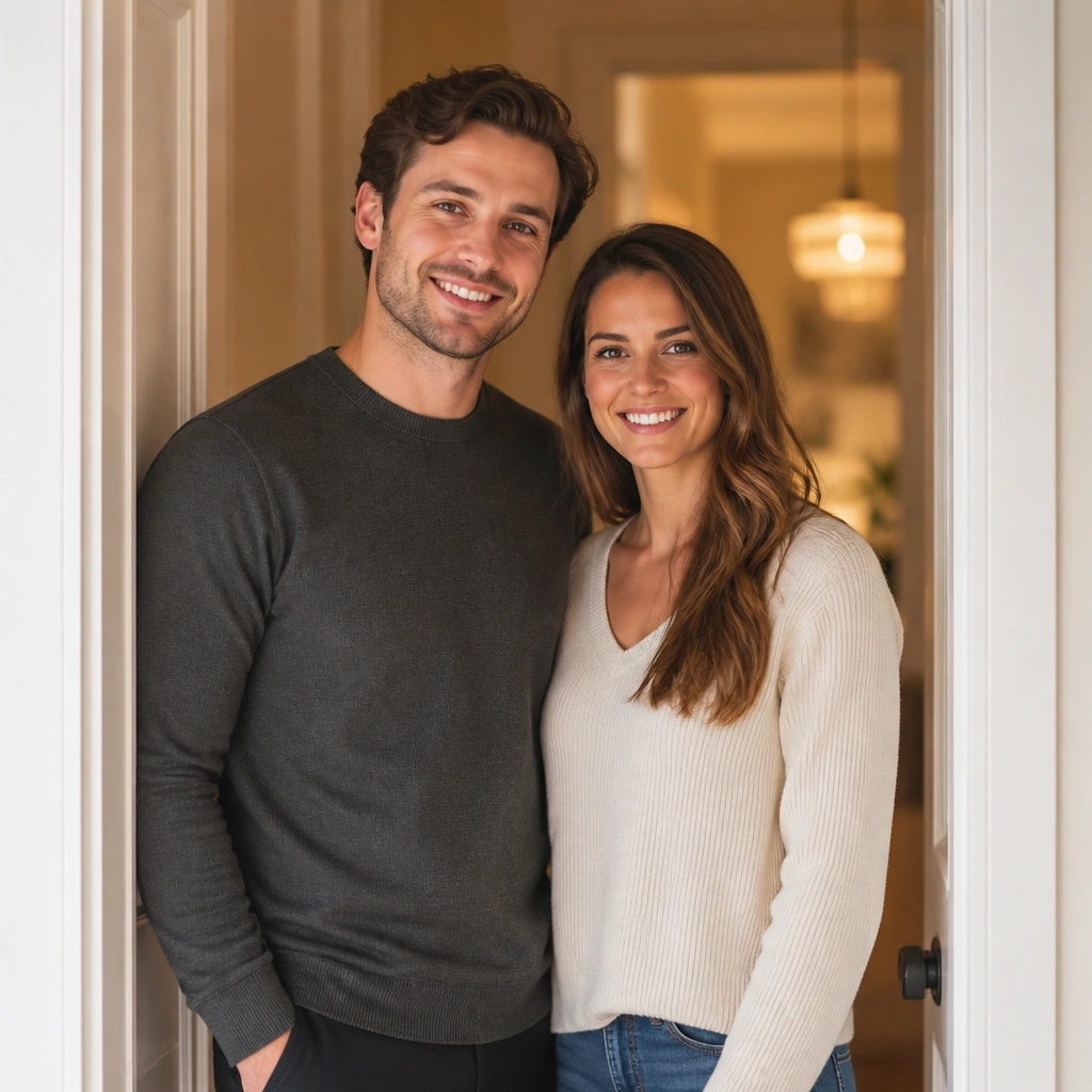 The couple stands in a doorway with one person leaning slightly on the doorframe; the hallway behind is softly blurred, and both faces are lit by indoor warm lighting.