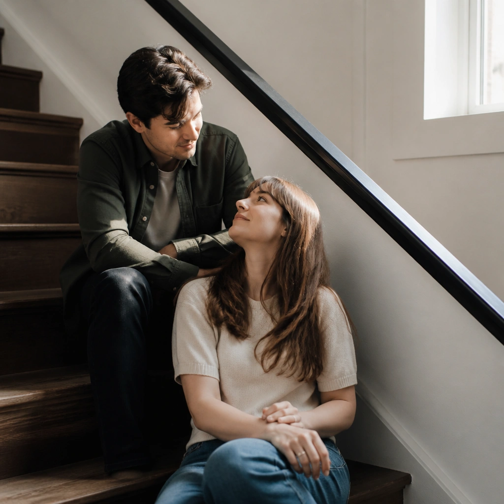 A couple sits on stair steps with one person on a higher step; soft daylight hits their faces from a window landing, and the banister creates a clean diagonal line.