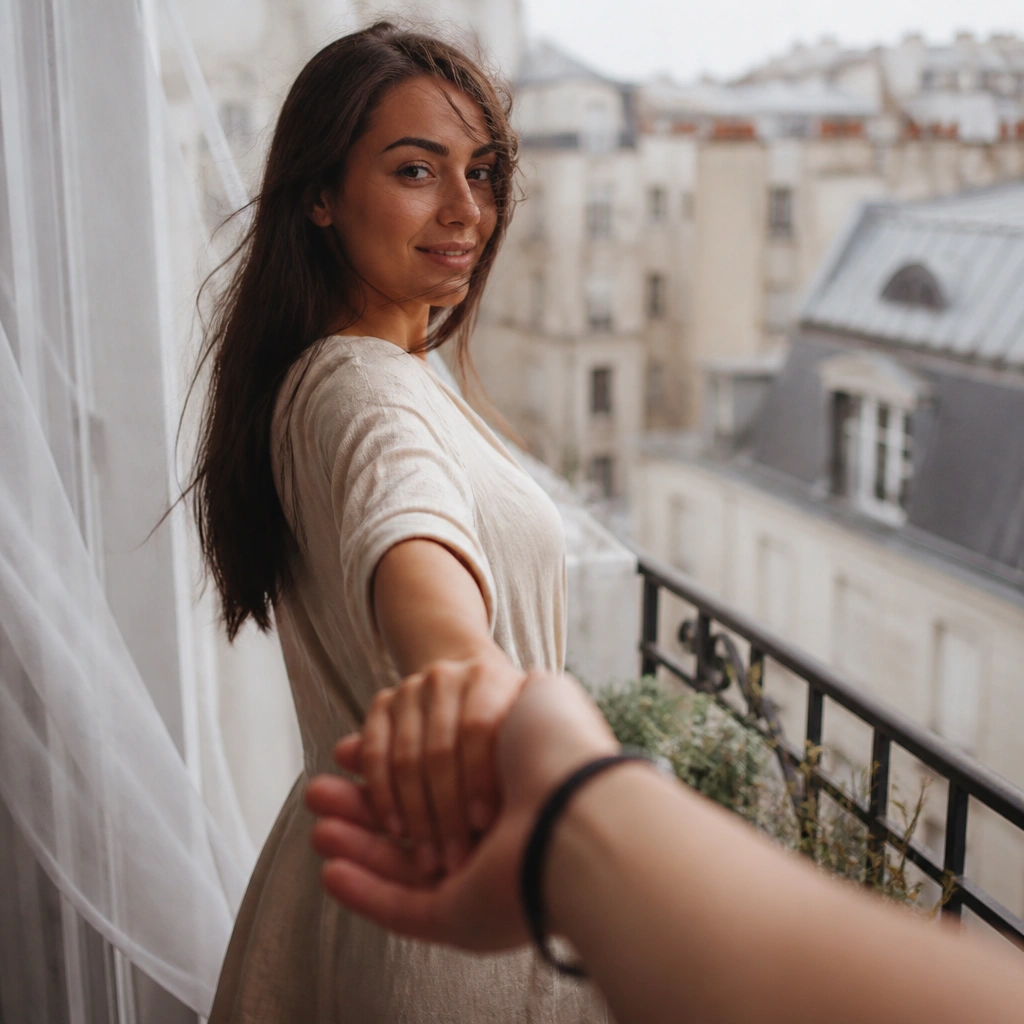On a small apartment balcony, a sheer curtain flutters; the couple holds hands close to the lens while the city background is softly blurred.