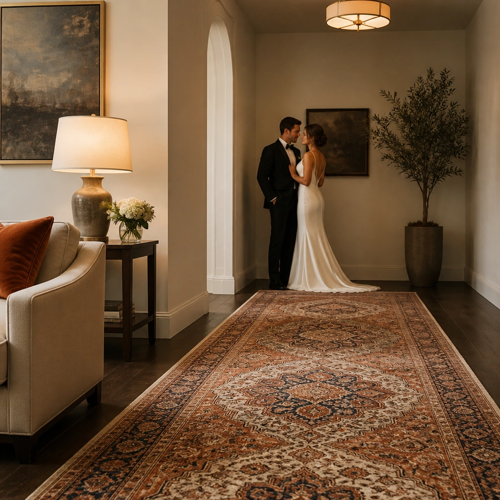 A long patterned rug leads the eye toward a corner where the couple stands; a sofa edge and side table are visible, with warm overhead lighting.