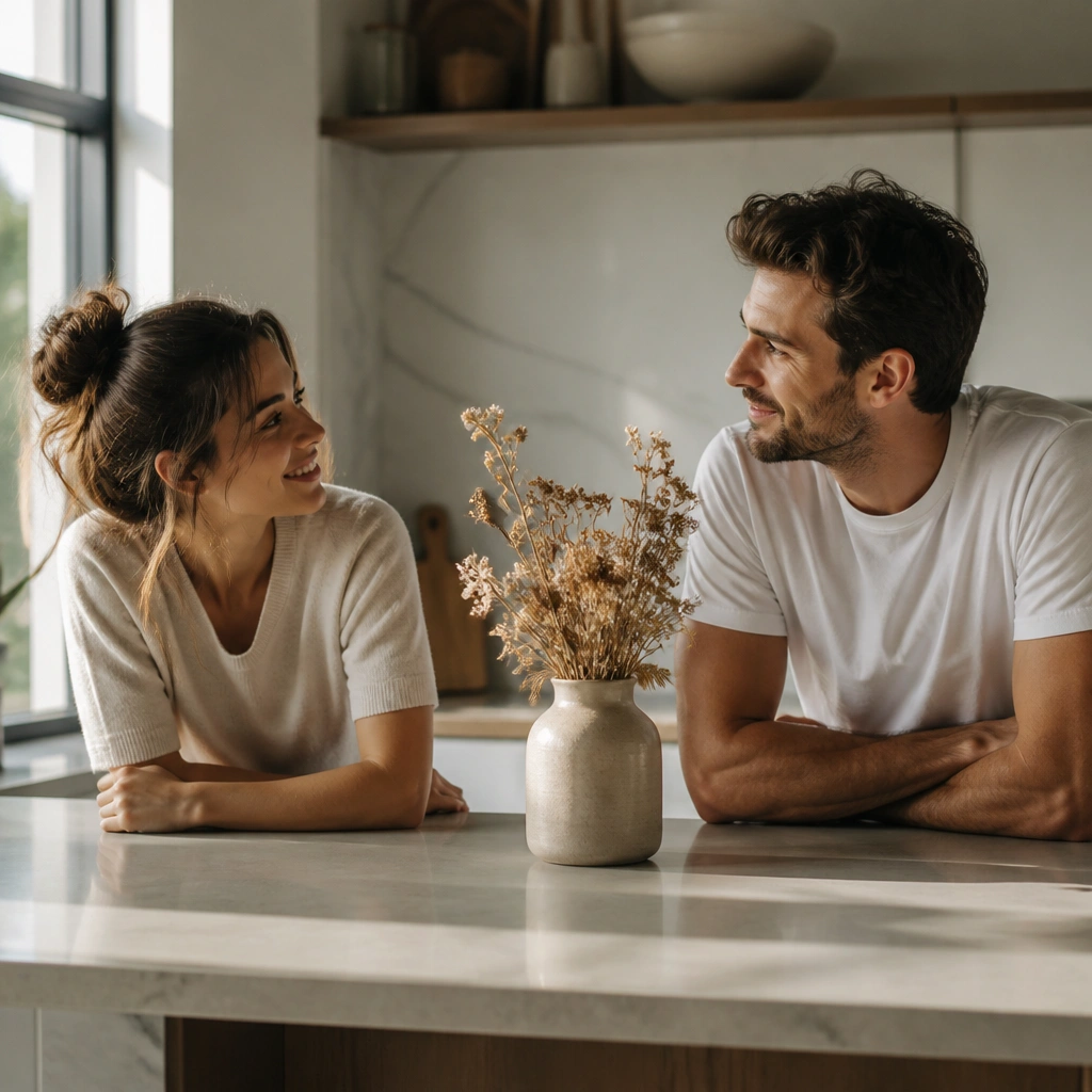 The couple leans on a kitchen counter with clean countertops; a vase of dried flowers sits near the center, and sunlight from a window lights their profiles.