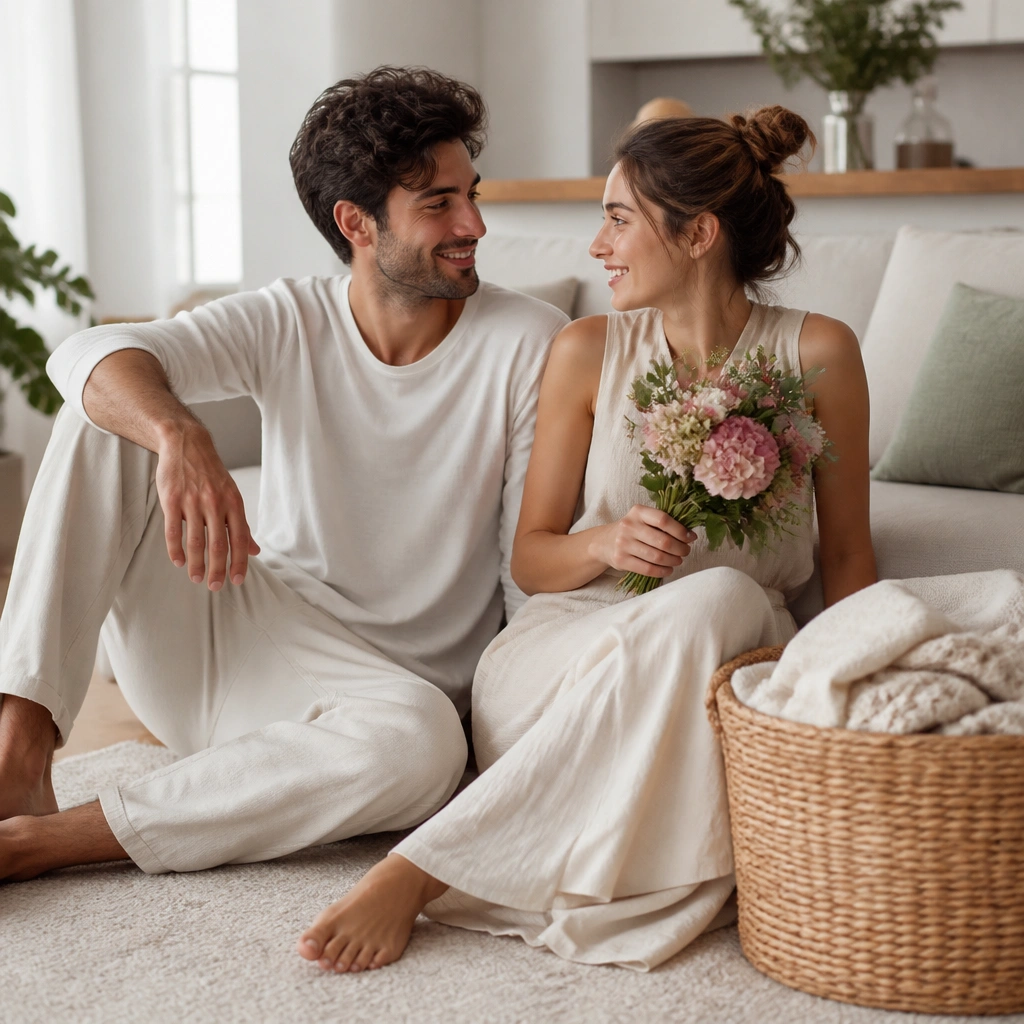 A woven laundry basket sits beside the couple; one partner holds a small bouquet while leaning slightly, with the basket texture visible in the foreground.