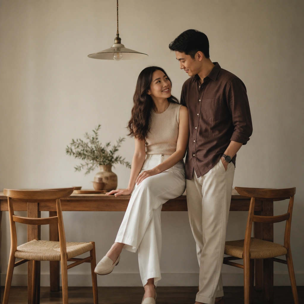 In a small dining area, two chairs create a simple frame; the couple sits and stands between chairs, with a plain wall behind and pendant light overhead.