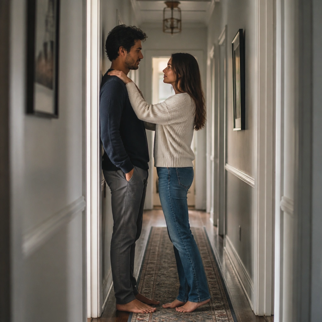 A narrow hallway with a runner rug; the couple stands facing each other with one hand on the shoulder, and the hallway lines recede into the distance.