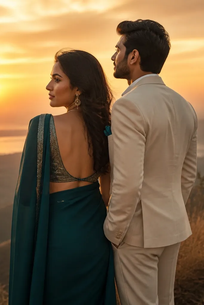 A couple standing on a hill at sunset; the woman wears a deep teal saree with a metallic blouse, the man wears a cream suit with a teal pocket square; both are turned slightly away from the camera with warm golden light behind them.