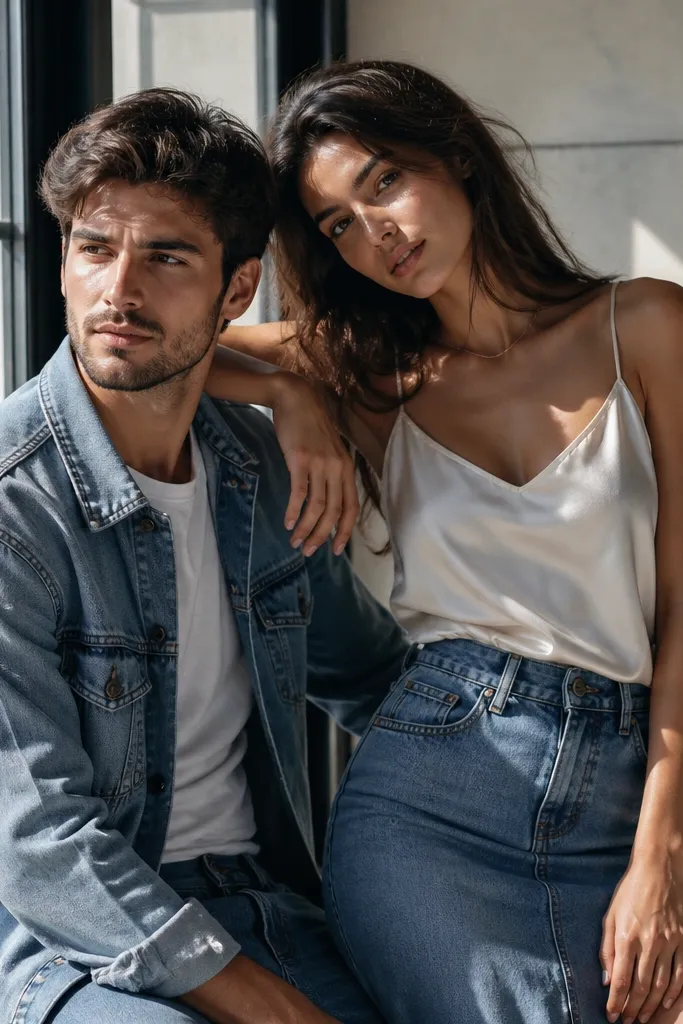 Indoor photo beside a large window; the man wears a light-wash denim jacket over a white tee, the woman wears a fitted denim skirt with a satin camisole; soft daylight cuts across their faces from the side.