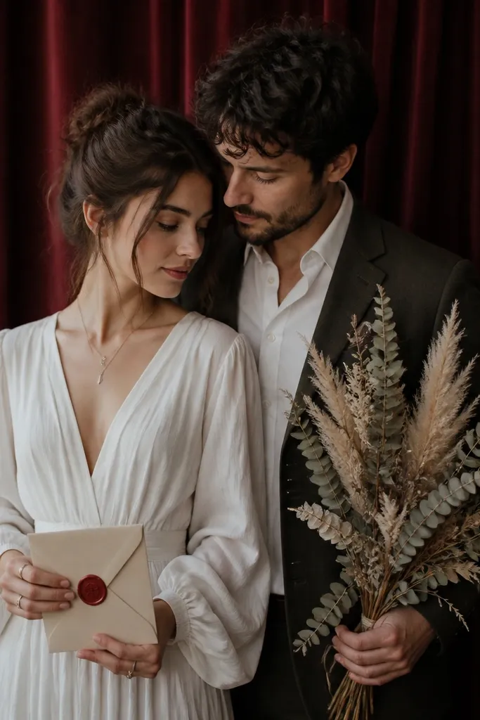 A moody indoor setup: a burgundy velvet curtain behind the couple; the woman holds an envelope sealed with a red wax stamp; the man holds a small bouquet of dried pampas and eucalyptus.