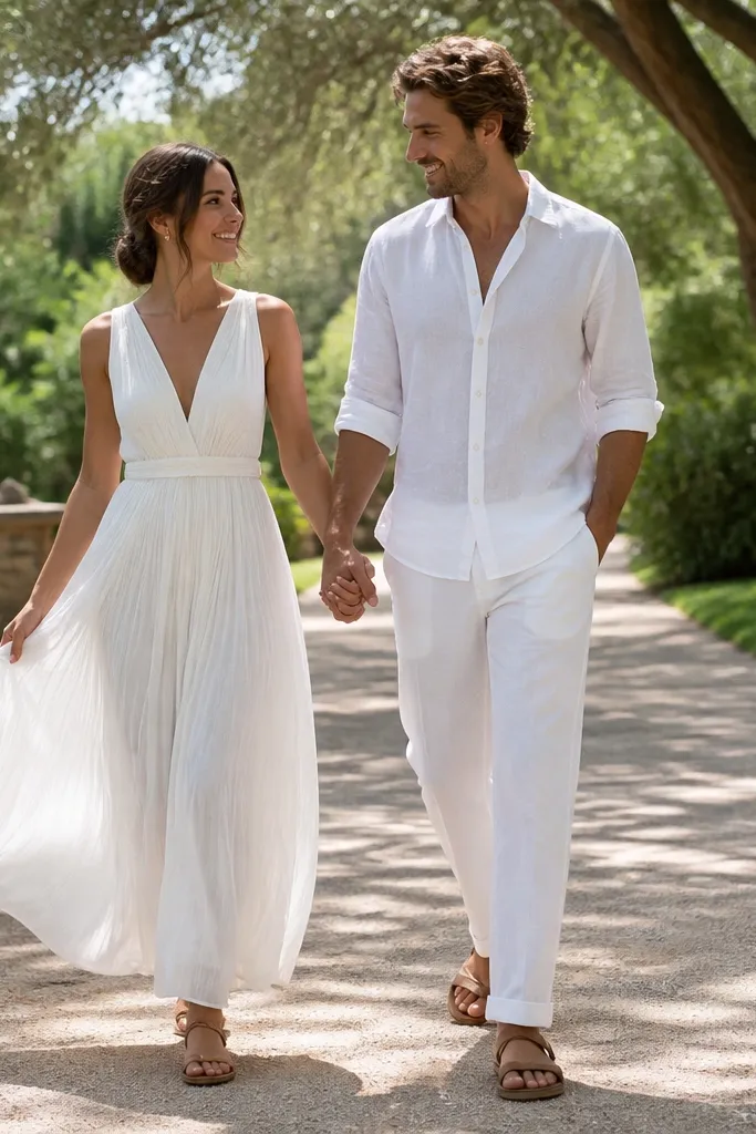 A couple walking along a pathway in a bright park; both wear all-white linen outfits; the woman’s linen dress has a subtle pleated skirt, the man wears white trousers and a shirt with rolled sleeves; soft breeze moves fabric.