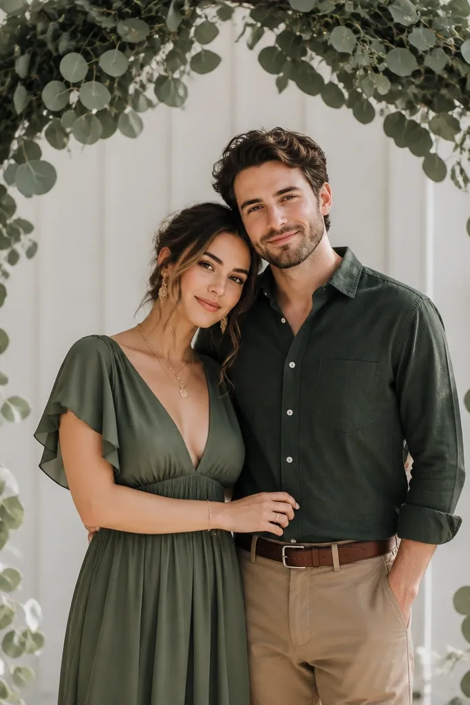 A couple framed by an arch made from eucalyptus garlands; the woman wears an olive green dress with gold jewelry, the man wears a dark green shirt with a tan trouser; they smile softly as leaves catch light.