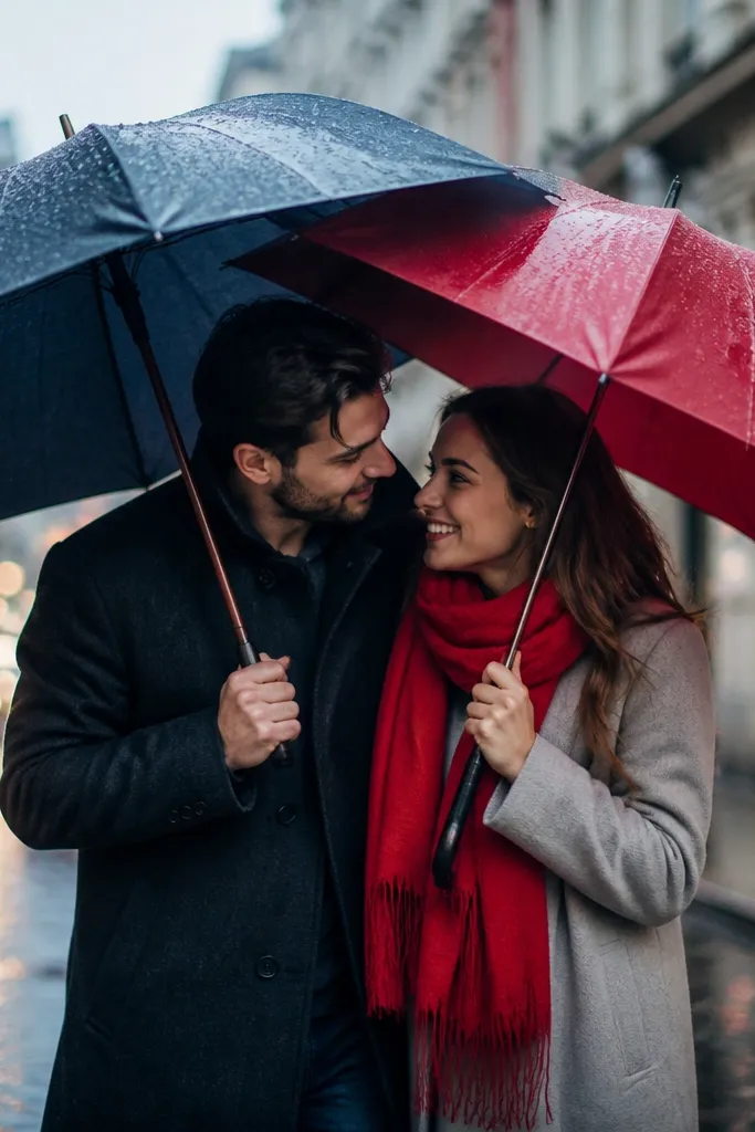 Light rain on a city street; the couple shares two overlapping umbrellas in contrasting colors; the man wears a dark coat and the woman wears a long coat with a bright scarf; droplets sparkle on fabric.