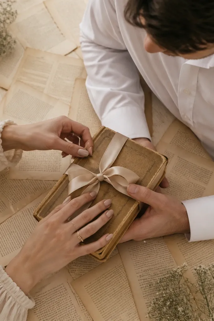 A flat-lay and couple moment: the table is covered with vintage book pages; the couple holds a worn hardcover book while the woman’s hands rest on a silk ribbon tied around the book; the man wears a crisp white shirt.