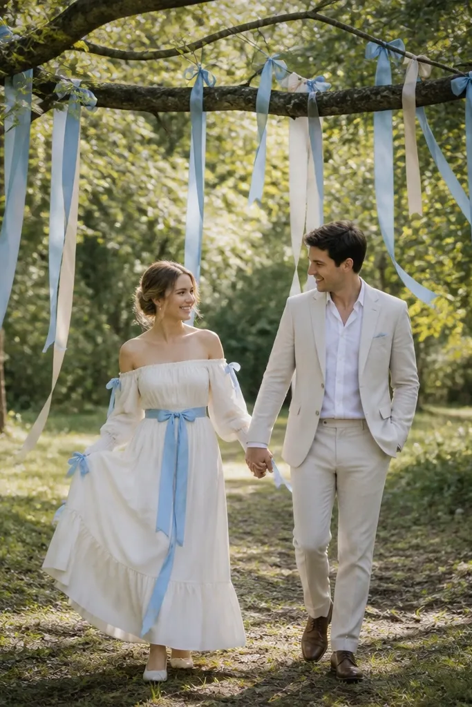 Outdoor scene: satin ribbons tied around a low tree branch; the couple walks beneath, holding hands; the woman’s dress has matching ribbon accents; sunlight filters through leaves.