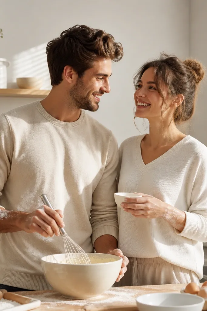 Bright indoor kitchen; the man holds a whisk, the woman holds a small bowl; both wear simple neutral outfits; a dusting of flour is visible on their sleeves; sunlight streams through blinds.