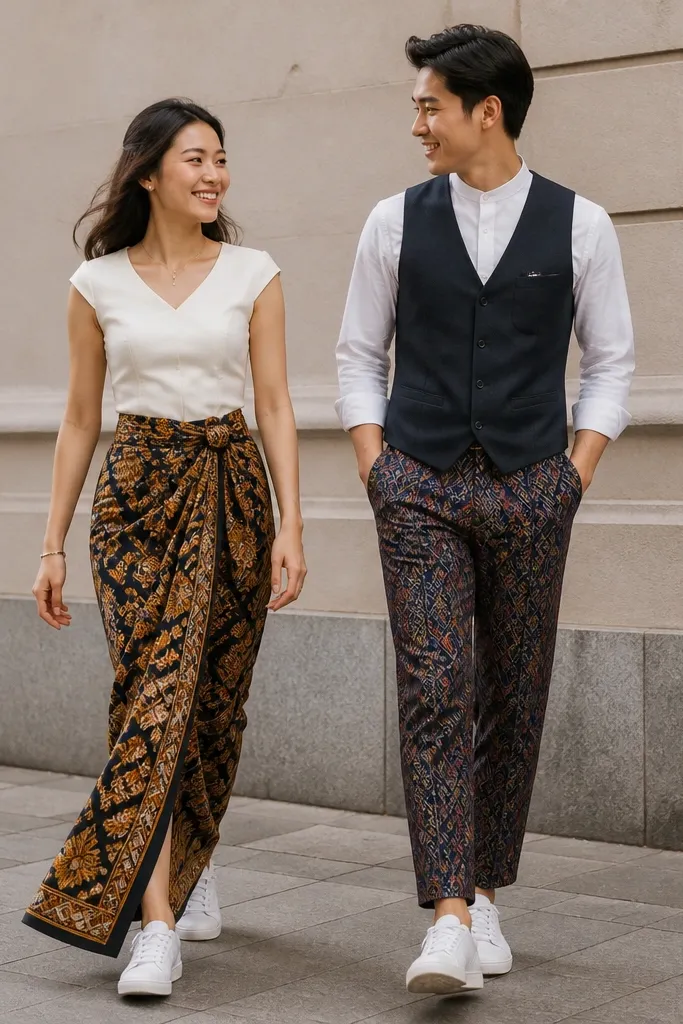 Street-style shot: the woman wears a patterned traditional skirt with a fitted top, the man wears a tailored vest with patterned trousers; both have clean white sneakers; they’re mid-step on a sidewalk with graffiti-free wall behind them.
