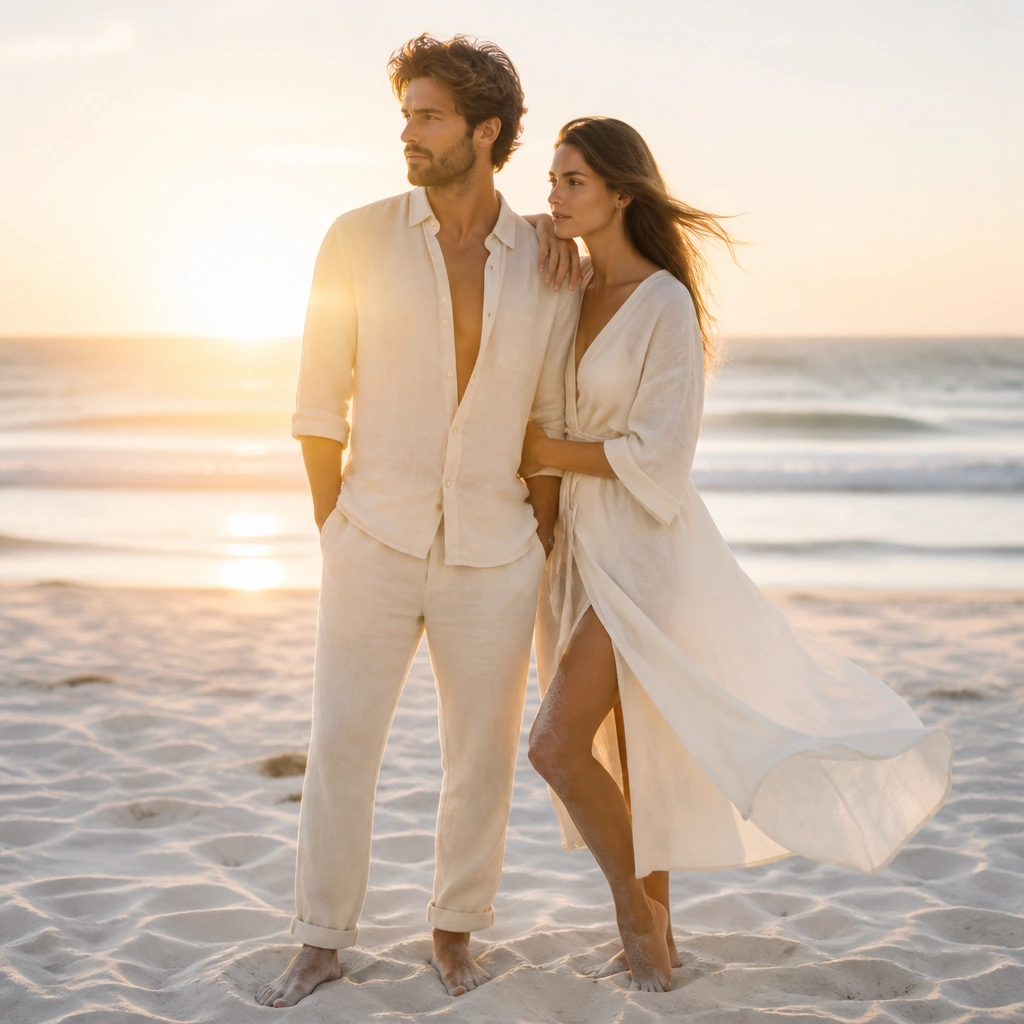 A couple in ivory linen outfits standing barefoot on pale sand at sunrise; soft wind moves fabric, with gentle lens flare and a blurred ocean horizon behind them.