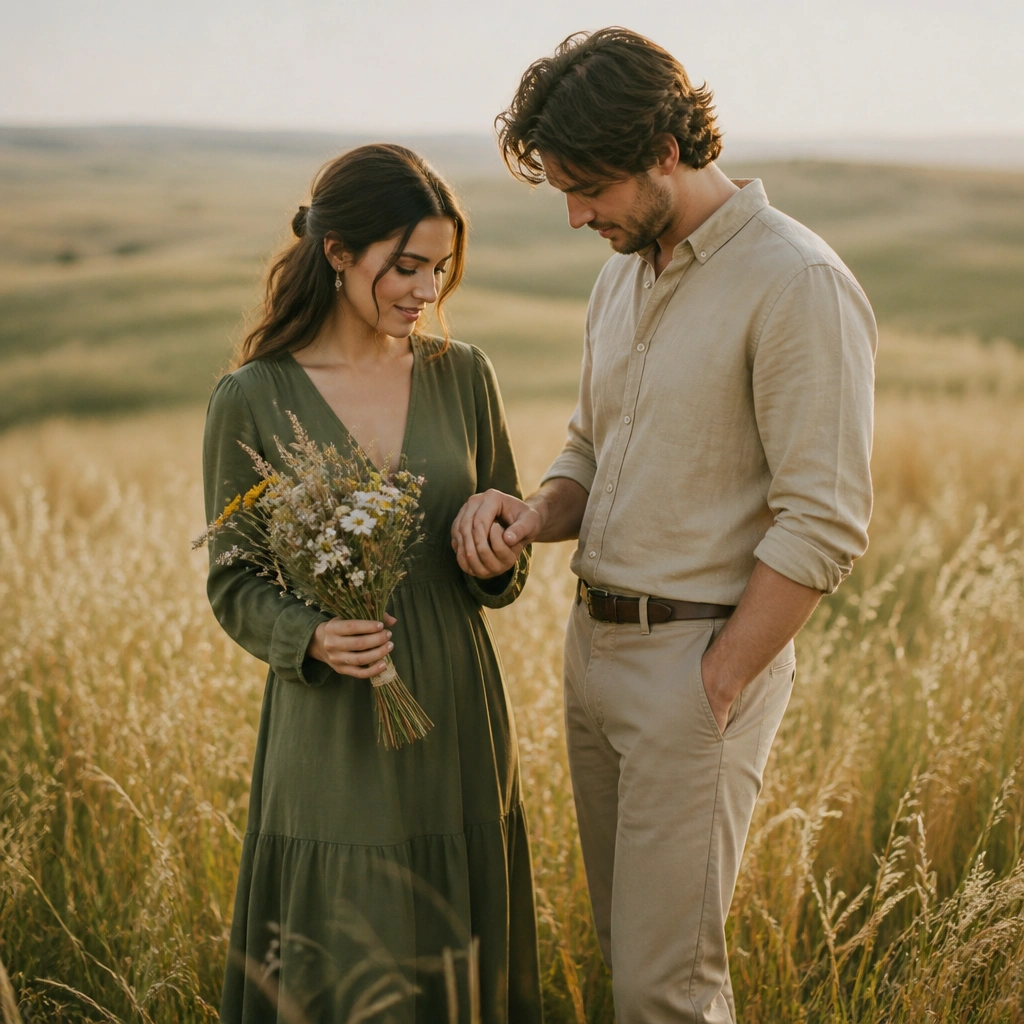 A couple in olive green and tan outfits standing in a meadow; the woman holds a small bouquet of wildflowers while the man gently touches her hand; golden grass glows.