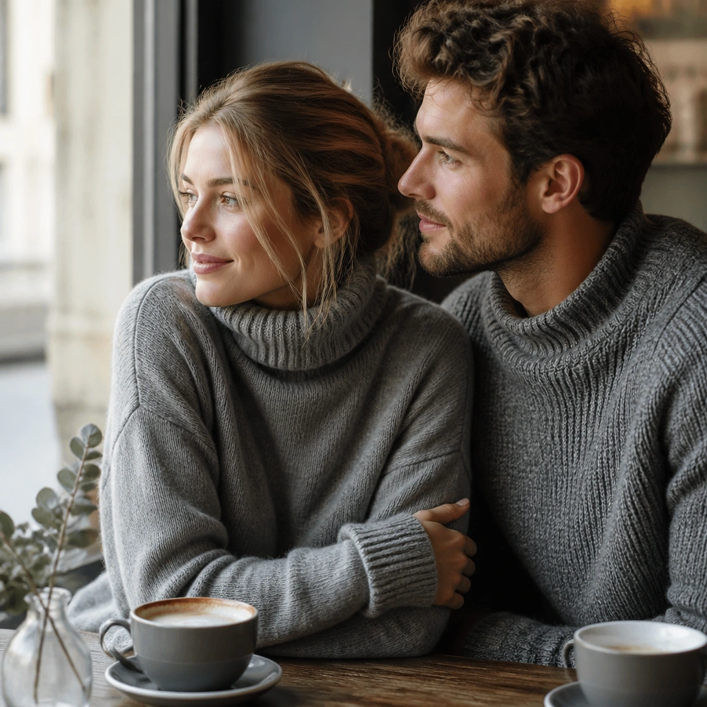 A couple sitting by a cafe window; both wear monochrome gray knit layers; soft daylight pours in from the side, showing the knit texture and gentle expressions.