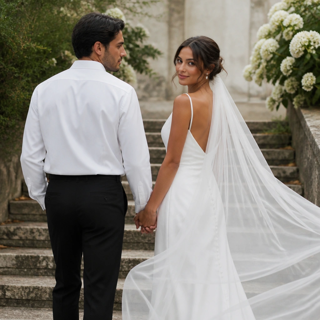 A couple on stone garden steps; the man wears a crisp white shirt and black trousers; the woman wears a white dress with a sheer veil that floats as she turns slightly.