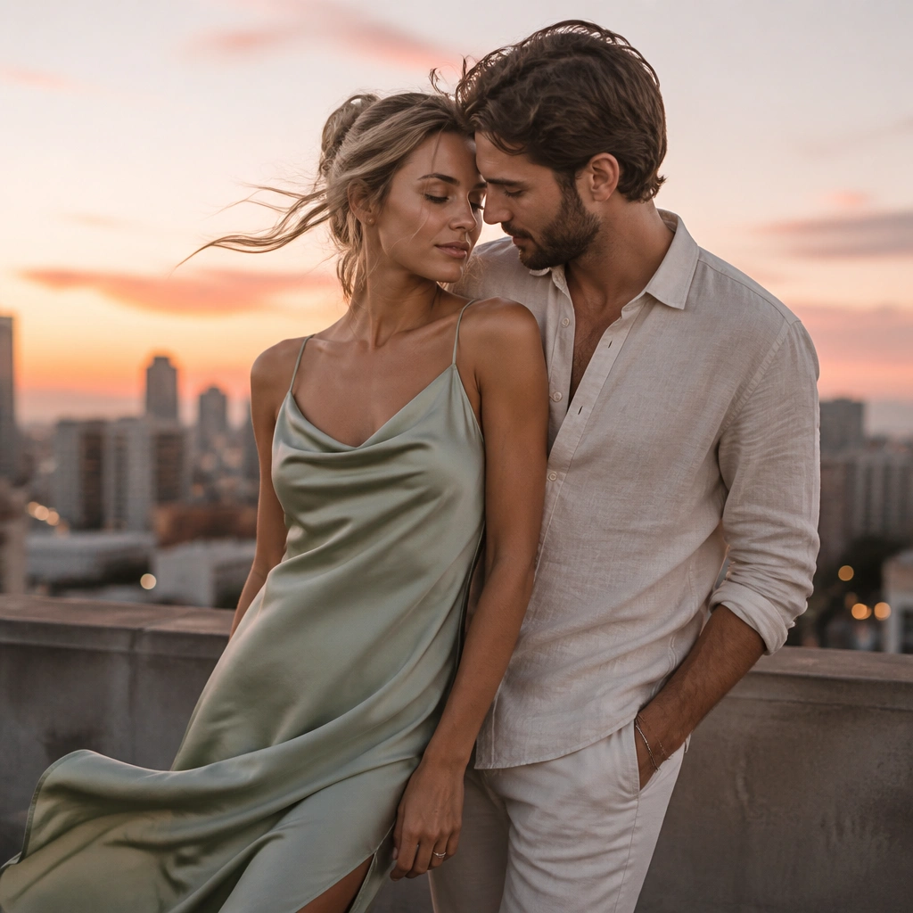 A couple on a rooftop at sunset; the woman wears a sage satin slip dress with a flowing hem, the man wears a light linen shirt; wind lifts the fabric slightly; skyline bokeh.