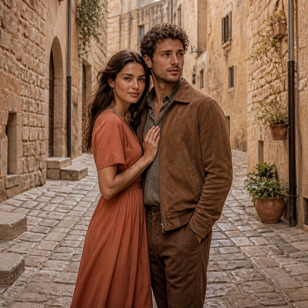 A couple standing on an old cobblestone street; the woman wears a terracotta dress, the man wears a suede brown jacket and trousers; warm stone tones frame them.