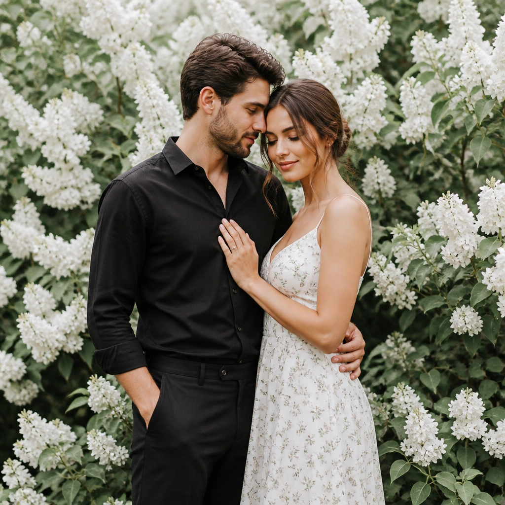 A couple in front of dense white flowers; the man wears a black shirt with tailored pants, the woman wears a white dress with delicate floral print; soft green leaves fill the frame.
